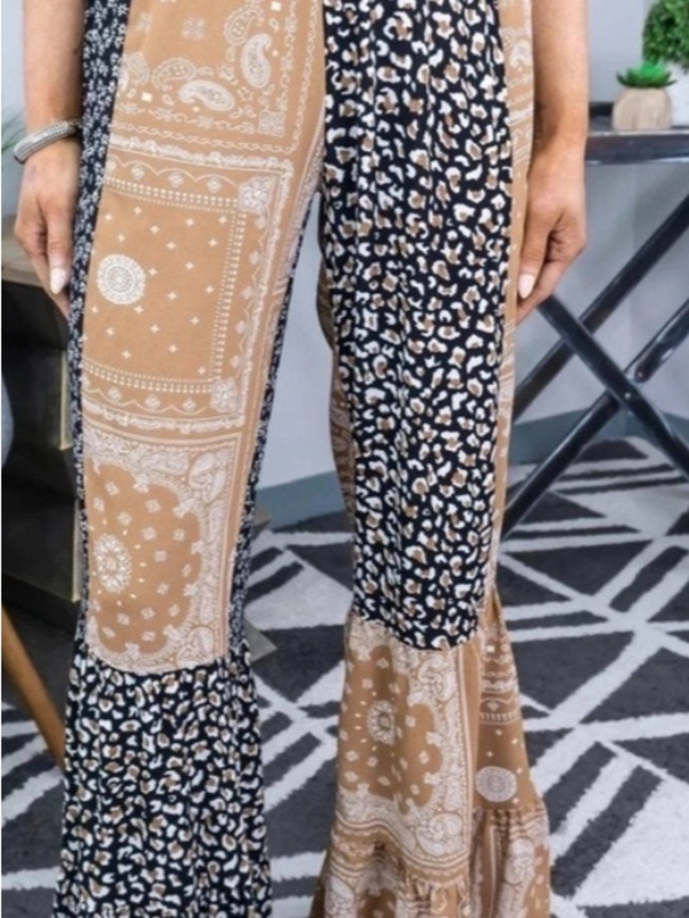 Grace & Emma Boho Patchwork Pants in Tan & Black